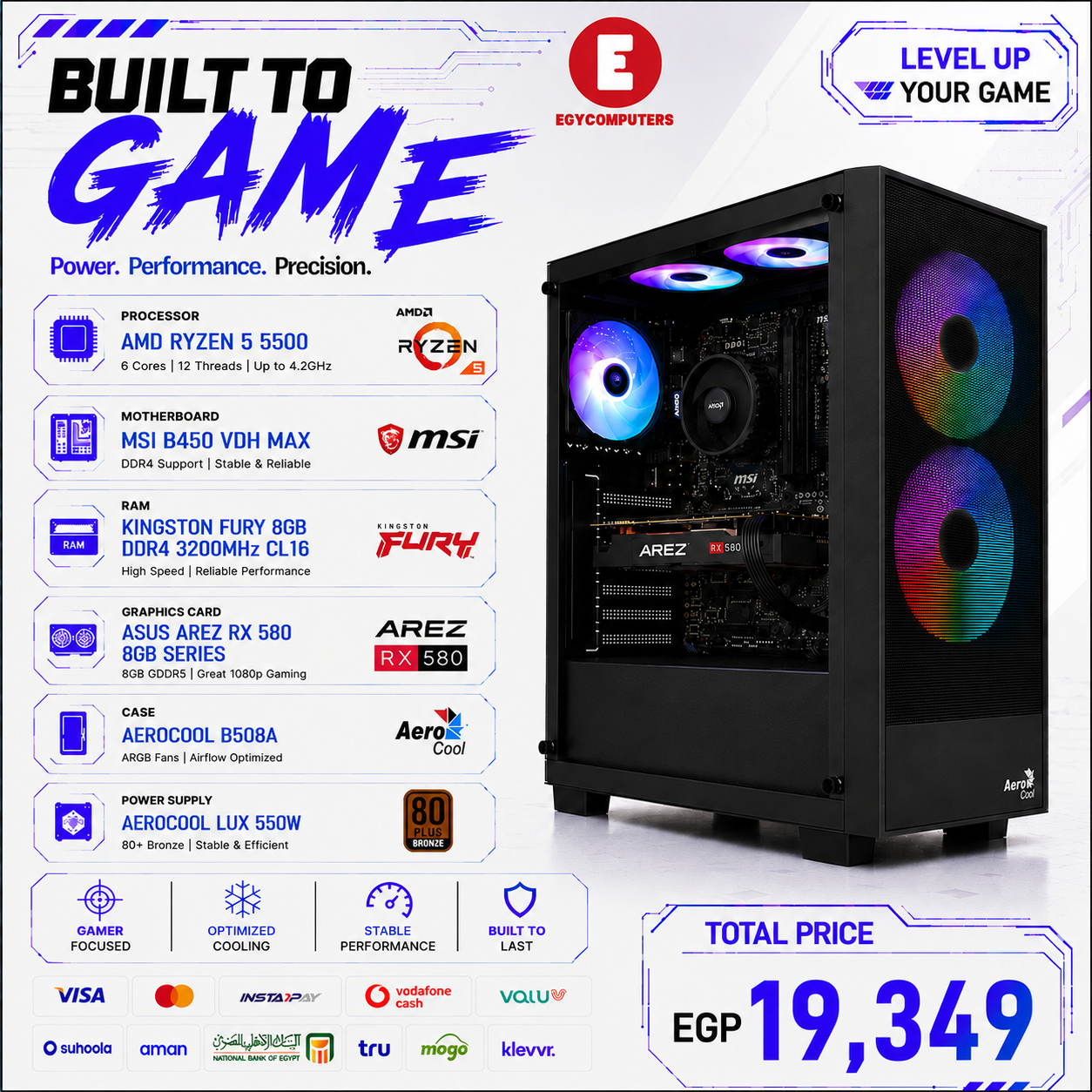 RYZEN 5-5500 GAMING PC (RX 580 8GB, RAM 8GB, SSD 128GB)