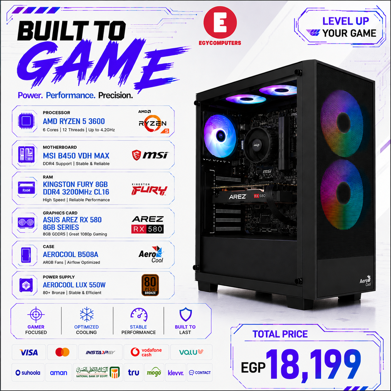 Ryzen 5-3600 Gaming PC (RX 580 8GB,8GB DDR4 RAM, SSD 128GB)